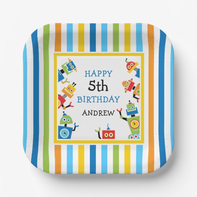 Fun Silly Robots Birthday Paper Plate colourful (Front)