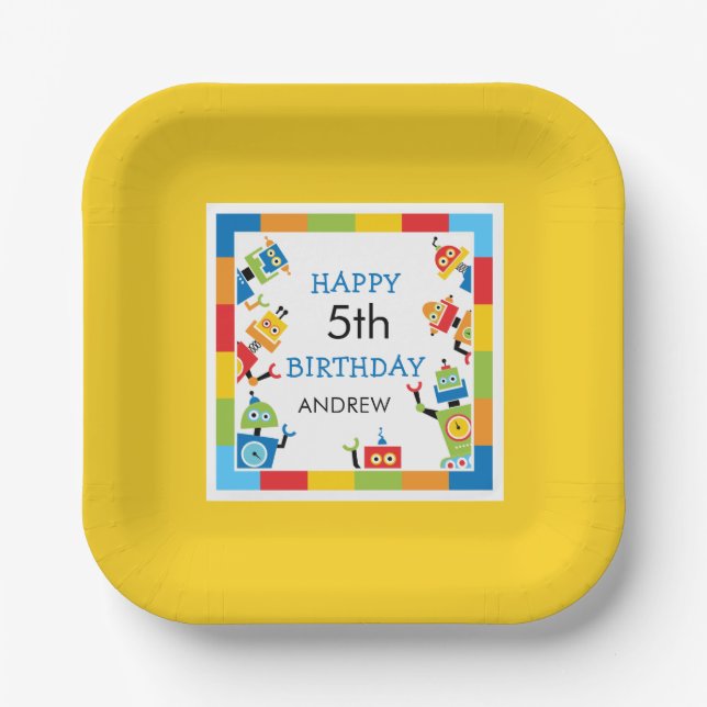Fun Silly Robots Birthday Paper Plate Yellow edge (Front)