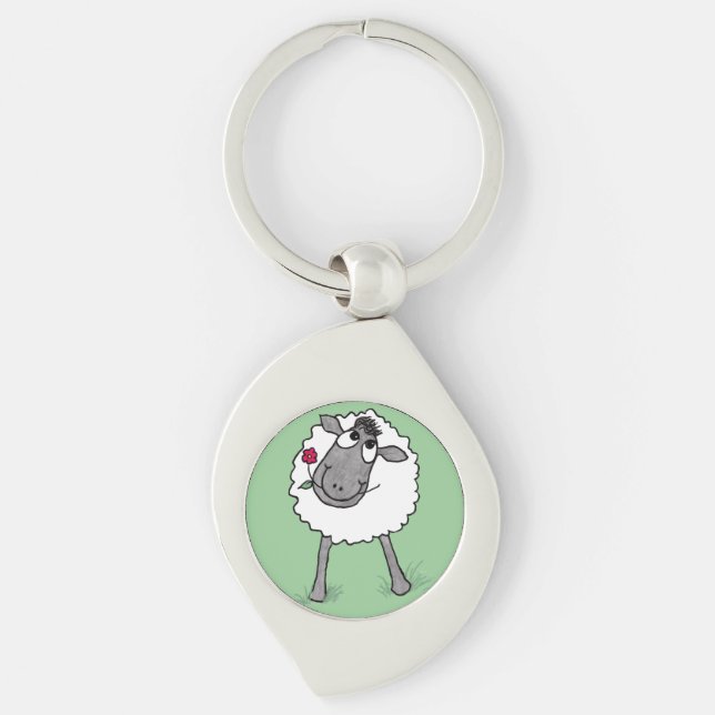 Fun Silly Sheep with Flower, Metal Keychain (Front)