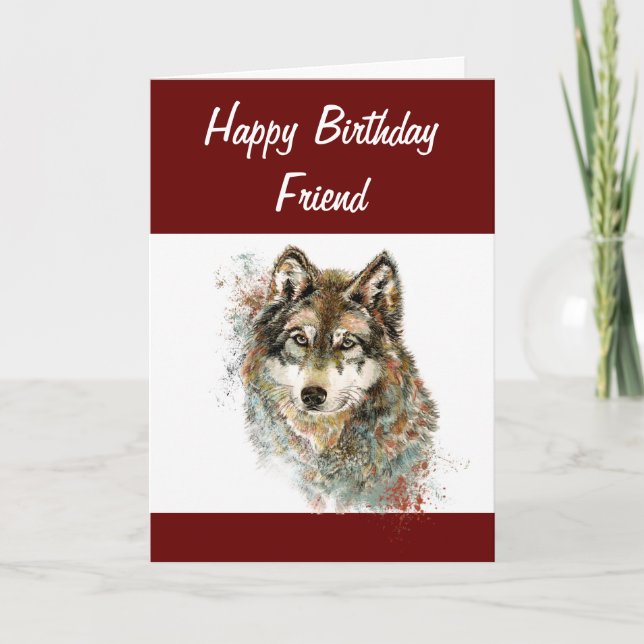 Fun Silly Watercolor Wolf Birthday Friend Humour Holiday Card (Front)