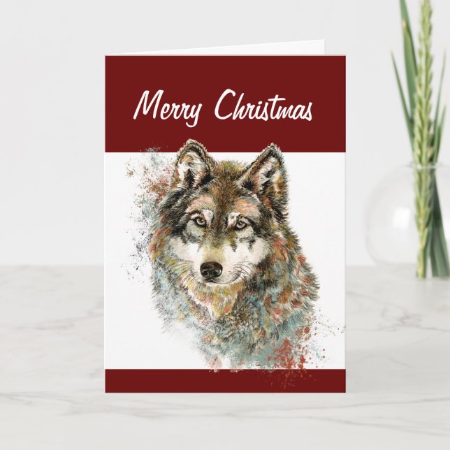 Fun Silly Watercolor Wolf Christmas Humour Holiday Card (Front)