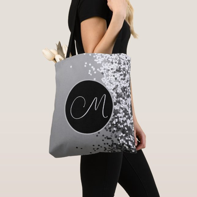 Fun SIlver Black Confetti Monogram Tote Bag (Close Up)