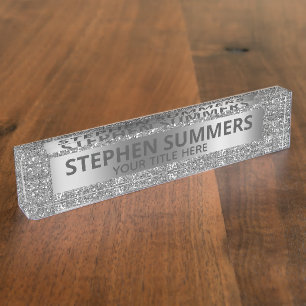 Fun Silver Faux Glitter Sparkle Glam Custom Nameplate