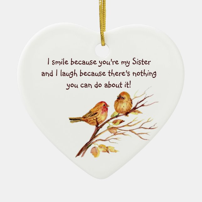 Fun Sister Saying with Cute Birds Ceramic Tree Decoration (Front)
