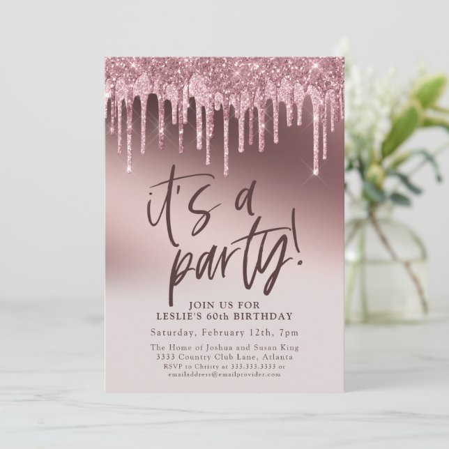 Fun Sixty It's a Party Pink Glitter 60th Birthday Invitation (Standing Front)