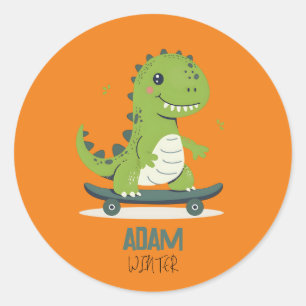 Fun Skateboarding Dinosaur With Kids Name Classic Round Sticker