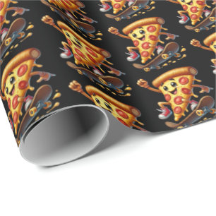 Fun skateboarding pizza party wrapping paper