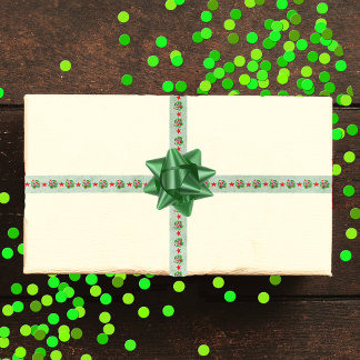 Fun Skeletons Santa Hats in Wavy Circles Green Satin Ribbon