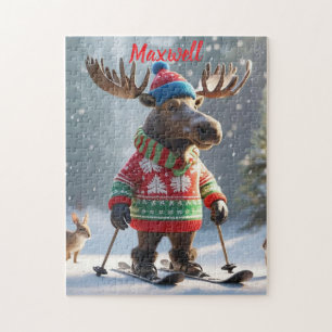 Fun Skiing Moose Christmas Personalized Puzzle