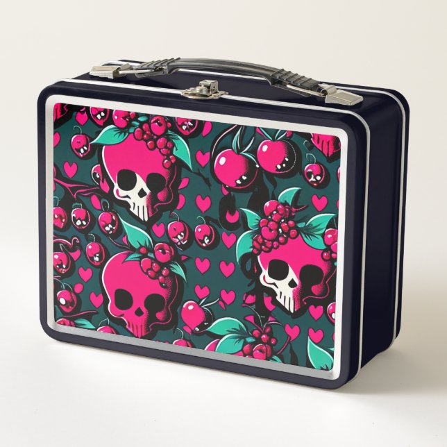 Fun Skull & Cherries Pink Black Green Art Metal Lunch Box (Front)