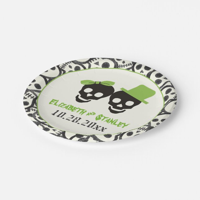Fun skulls Halloween green and black wedding Paper Plate (Angled)