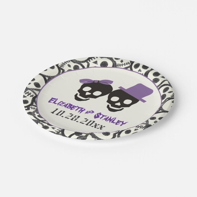 Fun skulls Halloween purple and black wedding Paper Plate (Angled)
