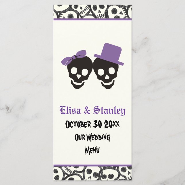Fun skulls Halloween purple wedding menu card (Front)