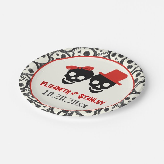 Fun skulls Halloween red and black wedding Paper Plate (Angled)