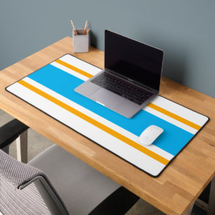 Fun Sky Blue Yellow Wide Racing Stripes On White Desk Mat
