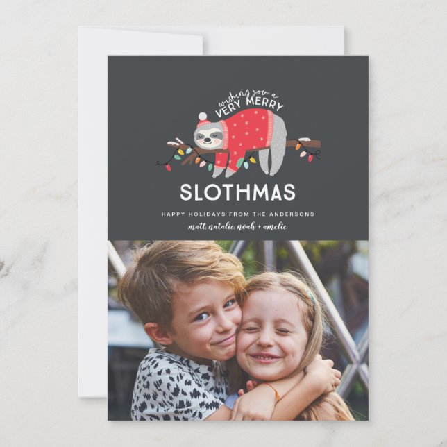 fun sloth colourful christmas photo holiday card (Front)