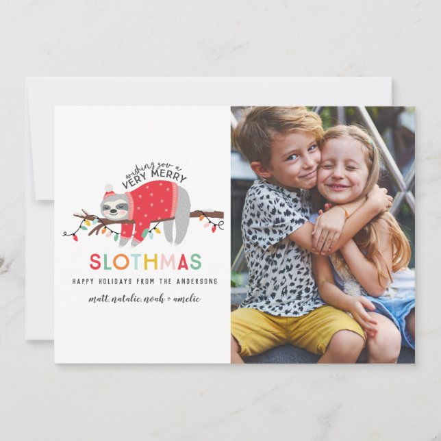 fun sloth colourful christmas photo holiday card (Front)
