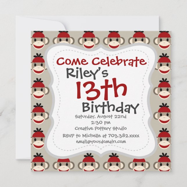 Fun Smiling Red Sock Monkey Happy Patterns Invitation (Front)