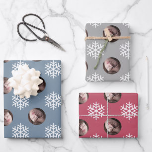 Fun Snowflake Blue Red Grey Christmas Face Photo Wrapping Paper Sheet