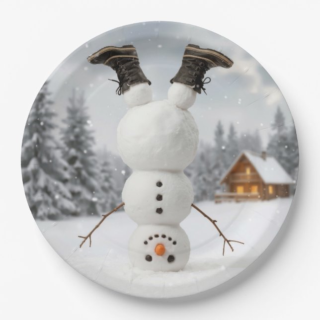 Fun Snowman Doing a Headstand  Paper Plate (Front)