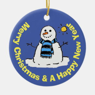 Fun Snowman in a Frosty Winter Scene Ceramic Tree Decoration