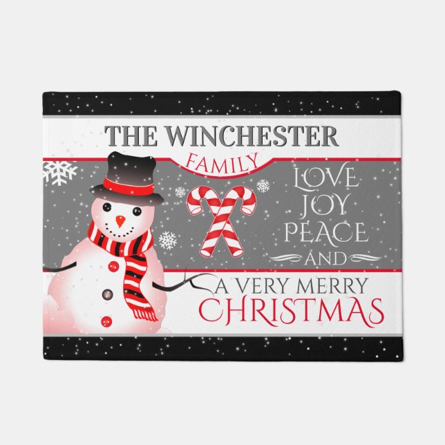 FUN Snowman in Blk Hat and Scarf | GREY Christmas Doormat (Front)