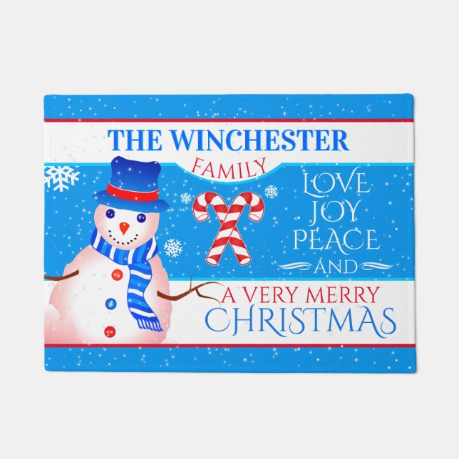 FUN Snowman in Blue Hat and Scarf | BLUE Christmas Doormat (Front)