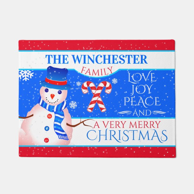 FUN Snowman in Blue Hat and Scarf | BLUE Christmas Doormat (Front)