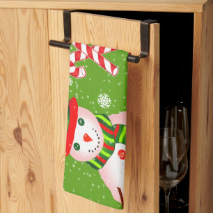 FUN Snowman in Red Hat and Scarf GREEN Christmas Tea Towel