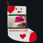 Fun Snowman Your Photo Name Cute Baby Toddler Red Small Christmas Stocking<br><div class="desc">Adorable cute design featuring a Christmas Snowman wearing a red Santa's hat,  two custom photos,  your child's name all on a great Christmas stocking to hang on the mantle on Christmas. The background features a snowy white knitted background,  with white knitted hearts covered in snow.</div>