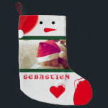 Fun Snowman Your Photo Name Cute Baby Toddler Red Small Christmas Stocking<br><div class="desc">Adorable cute design featuring a Christmas Snowman wearing a red Santa's hat,  two custom photos,  your child's name all on a great Christmas stocking to hang on the mantle on Christmas. The background features a snowy white knitted background,  with white knitted hearts covered in snow.</div>