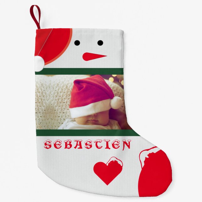 Fun Snowman Your Photo Name Cute Baby Toddler Red Small Christmas Stocking (Front)