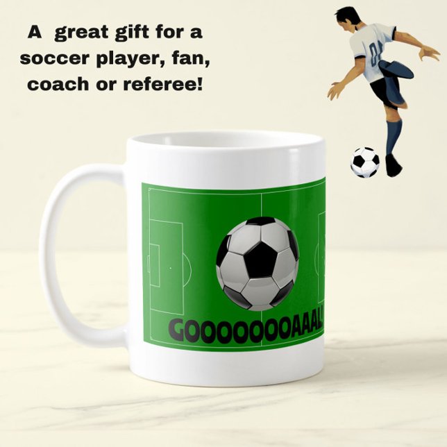 Fun Soccer Ball and Pitch GOAL! (Football) Sports Coffee Mug (A fun black, white and green soccer mug, celebrating goals!)