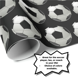 Fun Soccer Ball Pattern on Black Wrapping Paper
