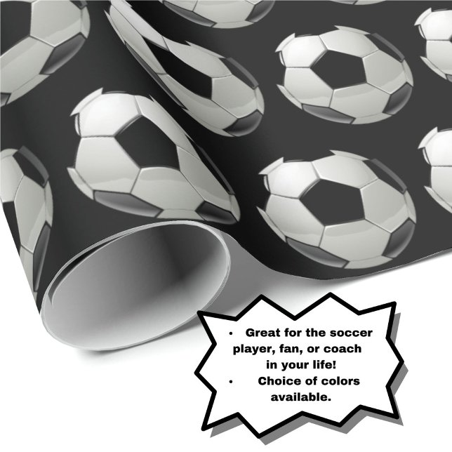 Fun Soccer Ball Pattern on Black Wrapping Paper (Choice of colors available.)