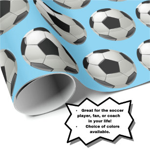 Fun Soccer Ball Pattern on Powder Blue Wrapping Paper