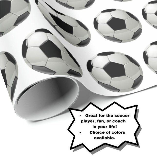 Fun Soccer Ball Pattern on White Wrapping Paper (Choice of colors available.)
