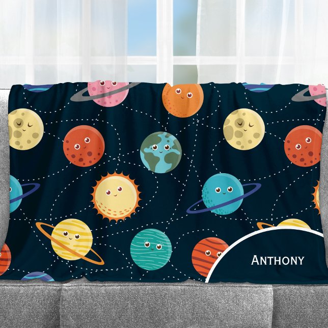 Fun Solar System Planets Pattern for Kids Blue Fleece Blanket (Creator Uploaded)