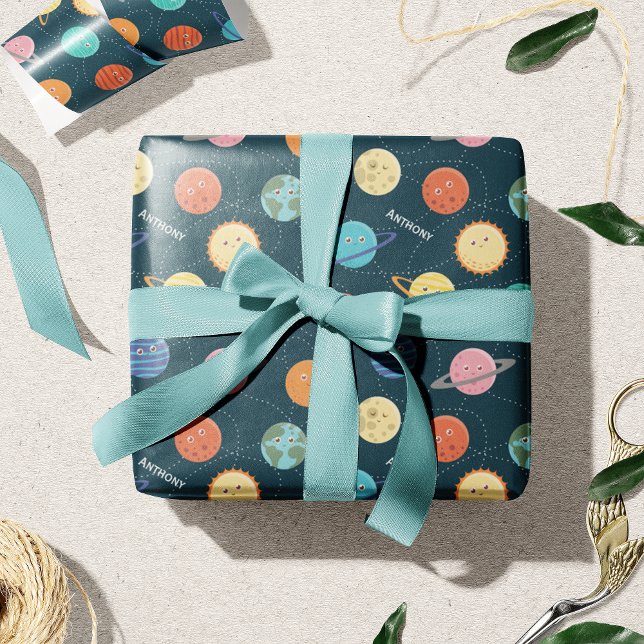 Fun Solar System Planets Pattern for Kids Blue Wrapping Paper (Creator Uploaded)
