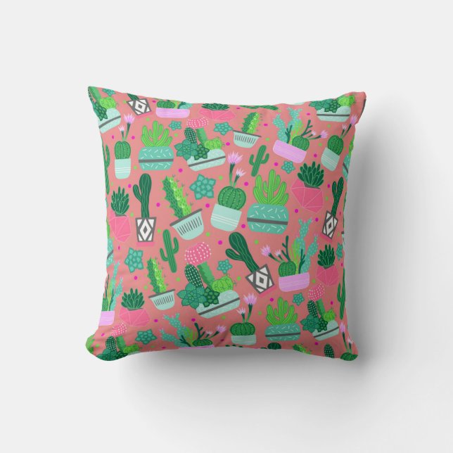 Fun Southwestern Cute Girly Pink Cactus Pattern Cushion (Front)
