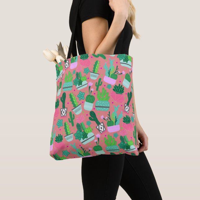 Fun Southwestern Cute Girly Pink Cactus Pattern Tote Bag (Close Up)