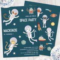 Fun Space Cats First Birthday Party Invitation