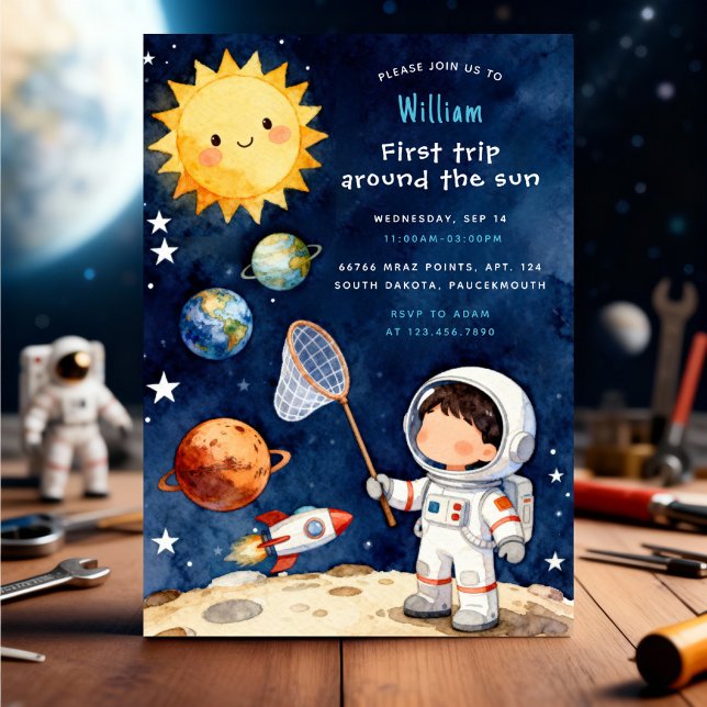 Fun Space First Trip Around The Sun 1st Birthday Invitation (Creator Uploaded)