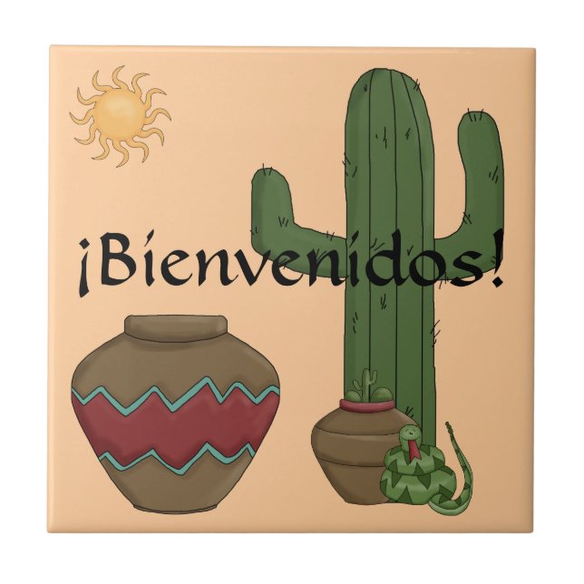 Fun Spanish Welcome Southwestern Desert Scene Tile (Front)