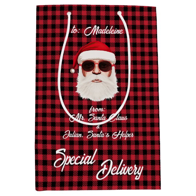 Fun Special Delivery Santa Red Black Buffalo Plaid Medium Gift Bag (Front)