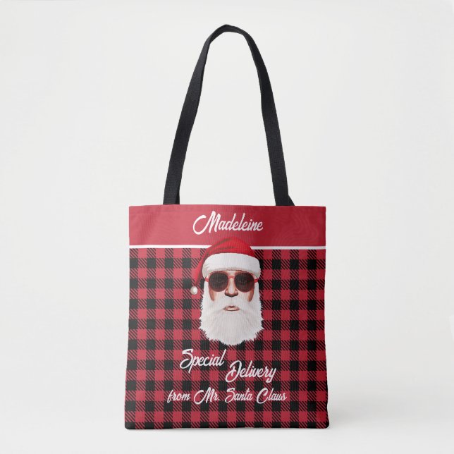 Fun Special Delivery Santa Red Black Buffalo Plaid Tote Bag (Front)
