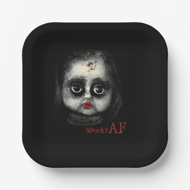 Fun Spooky AF Creepy Goth Doll Face Halloween Paper Plate (Front)