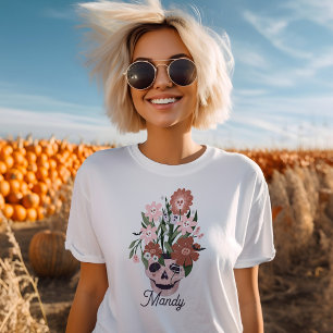 Fun Spooky Blooming Floral Halloween Skull Tri-Blend Shirt