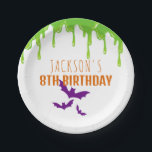 Fun Spooky Halloween Kids Birthday Party Paper Plate<br><div class="desc">Are you searching for spooky Halloween birthday party paper plates that will give your guests goosebumps? Look no further than these paper plates featuring green slime and purple bats. Use the design tools to personalise the text,  font and colours.</div>