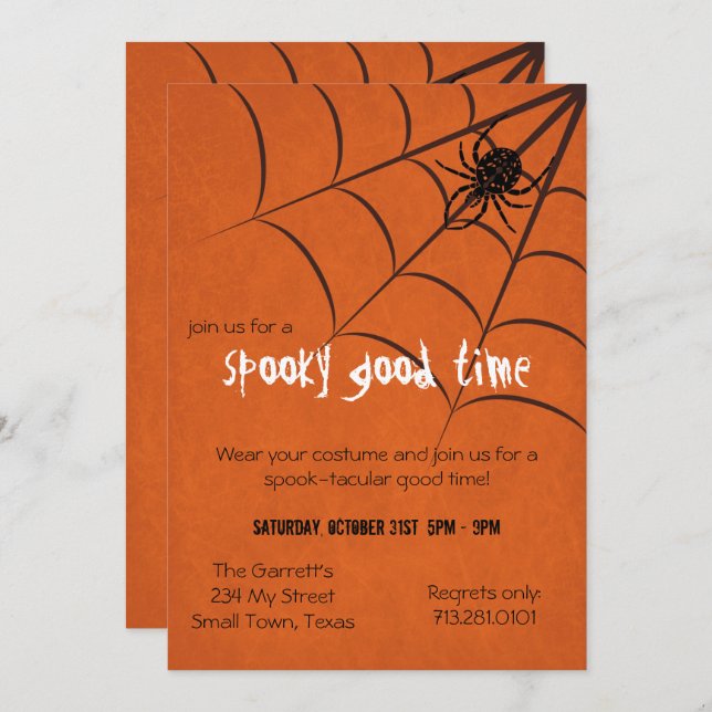 Fun Spooky Spider and Web Black Orange Halloween Invitation (Front/Back)
